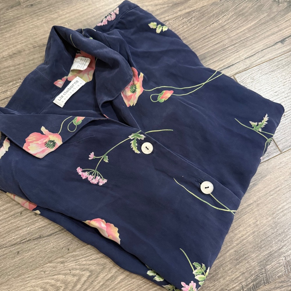 Liz Claiborne Collection Vintage 100% Silk Floral Poppy Blouse Navy Blue Size 8